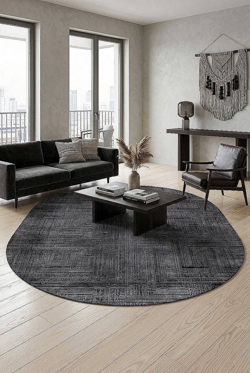 Alya Modern İtalyan Tasarım Makine Oval Halı Al01 Siyah - 1