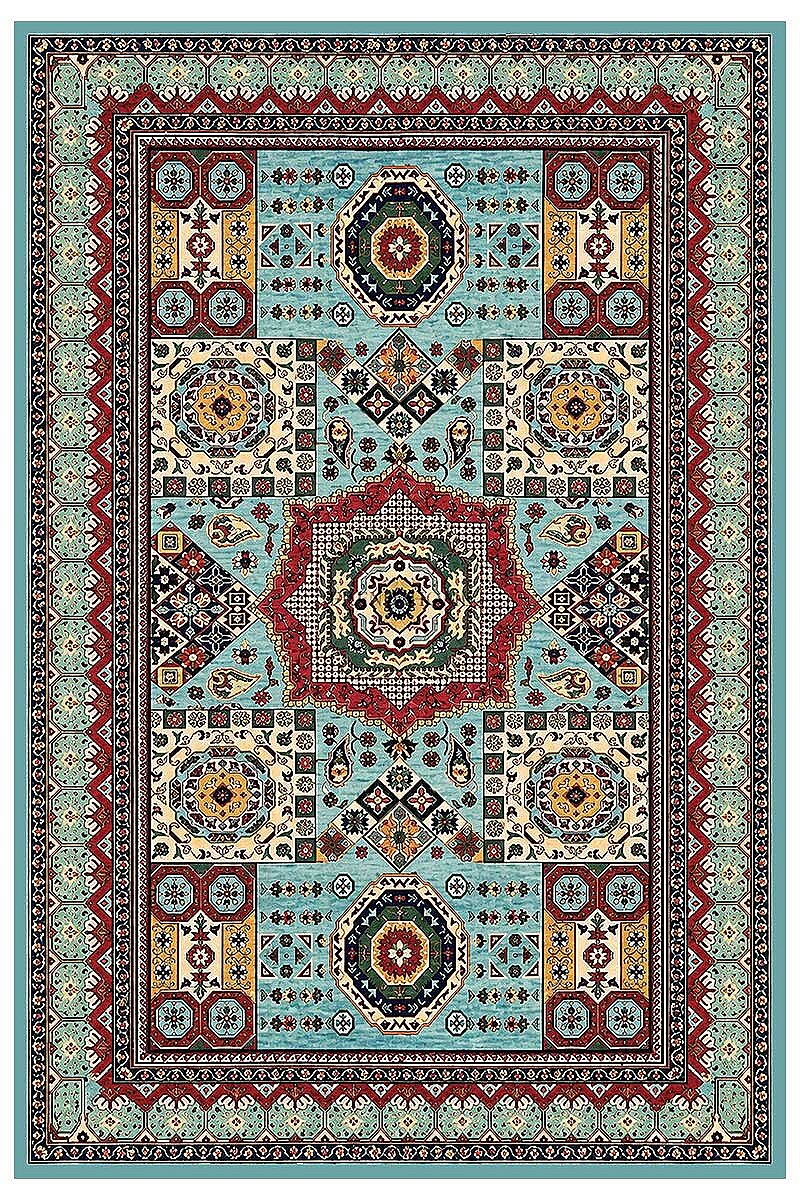 Anatolia Turkuaz Kilim Desenli Dokuma Pamuk Tabanlı Dijital Baskılı Dekoratif Halı - Frenda (1)