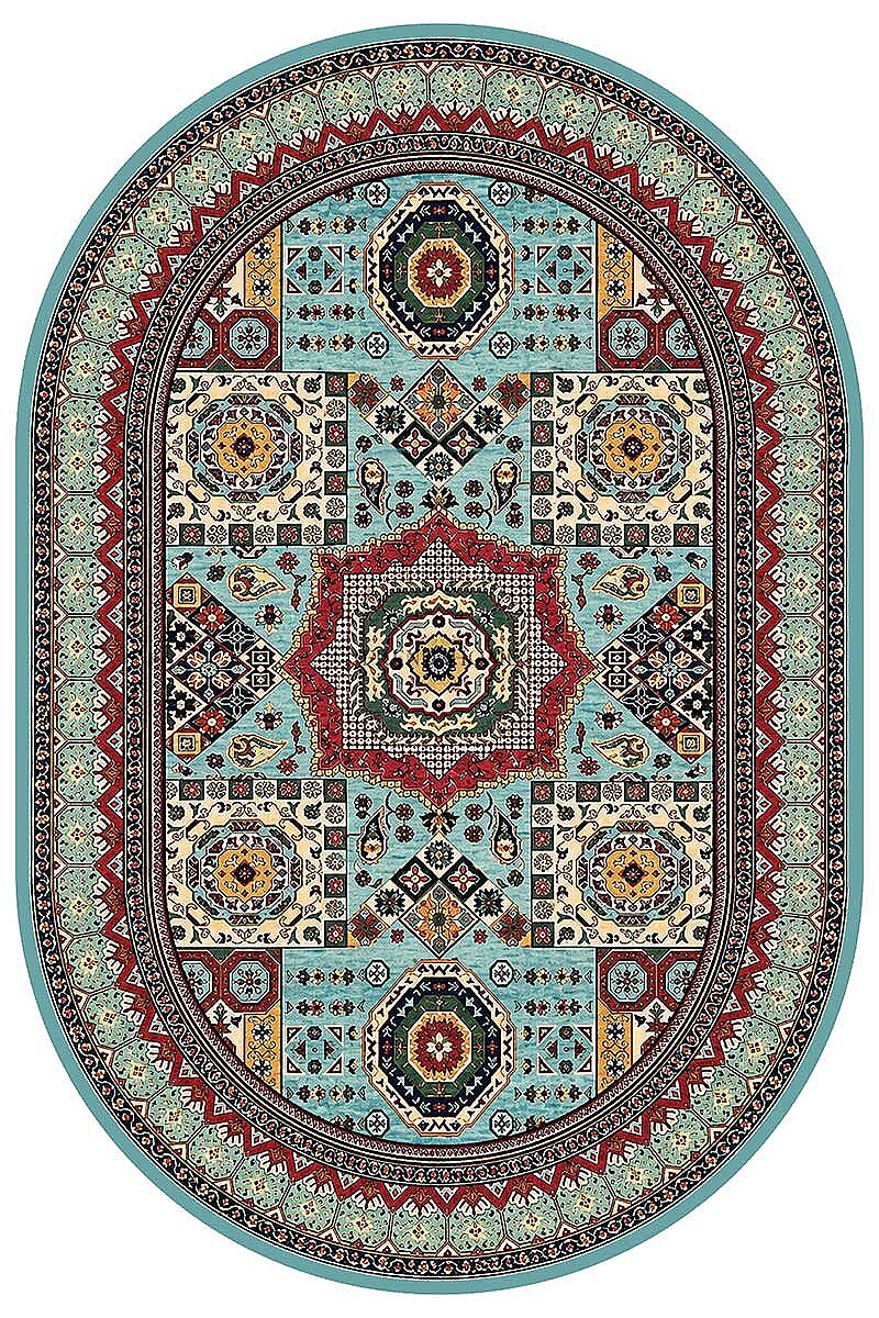Anatolia Turkuaz Kilim Desenli Dokuma Pamuk Tabanlı Dijital Baskılı Oval Halı - 2