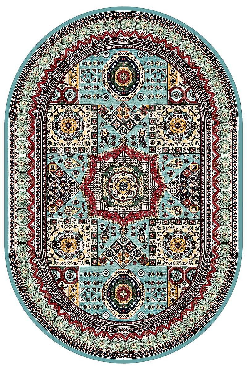 Anatolia Turkuaz Kilim Desenli Dokuma Pamuk Tabanlı Dijital Baskılı Oval Halı - 2
