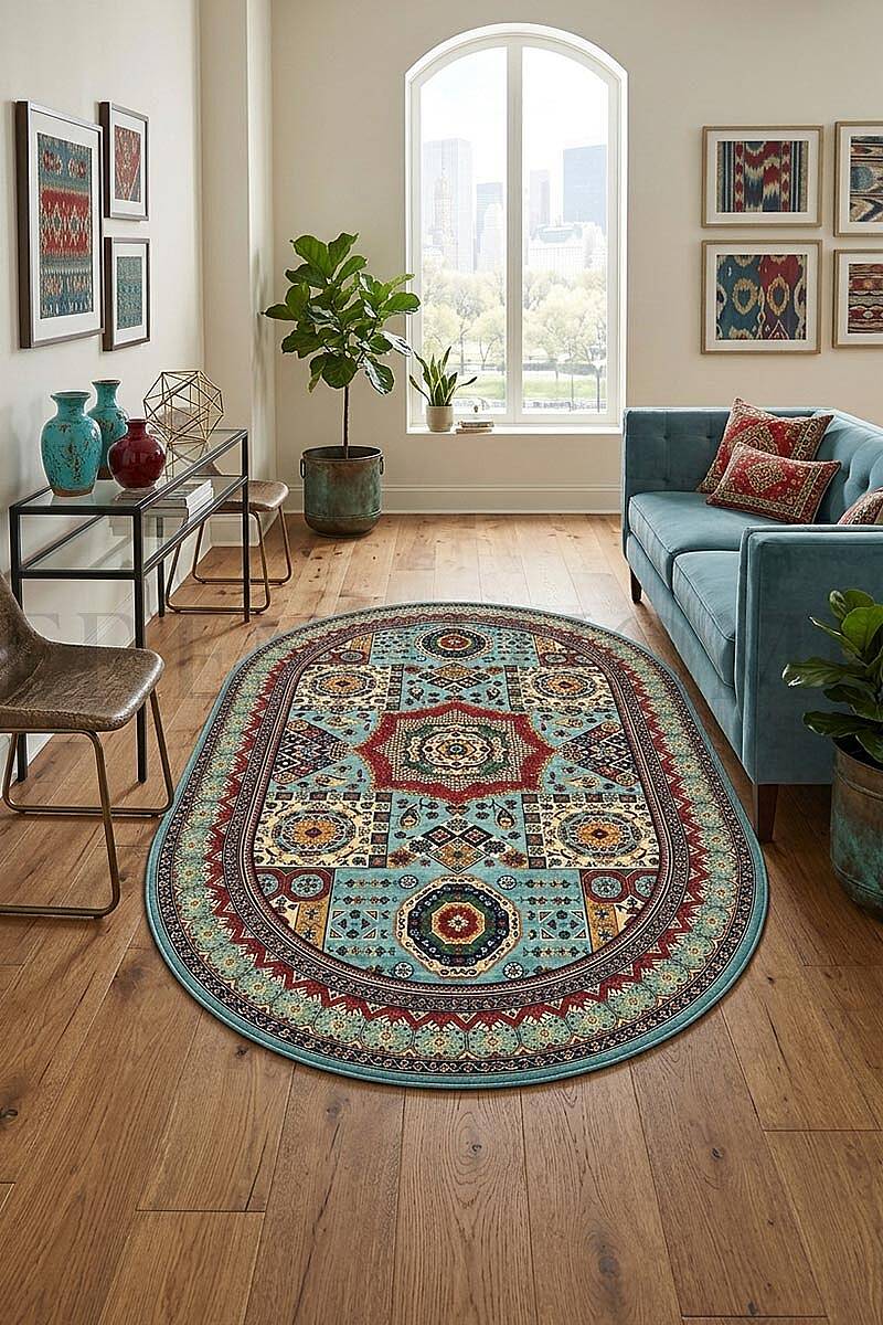 Anatolia Turkuaz Kilim Desenli Dokuma Pamuk Tabanlı Dijital Baskılı Oval Halı - 1