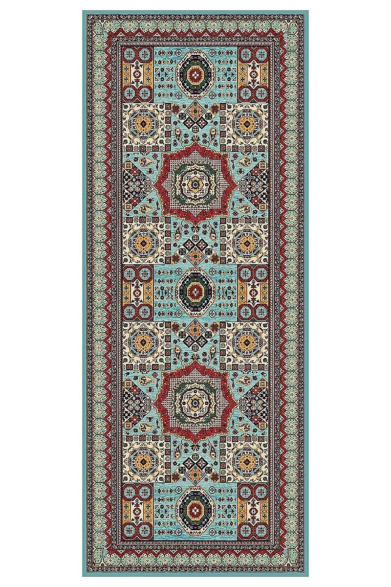 Anatolia Turkuaz Kilim Desenli Dokuma Pamuk Tabanlı Dijital Baskılı Özel Ölçü Yolluk Halı - Frenda (1)