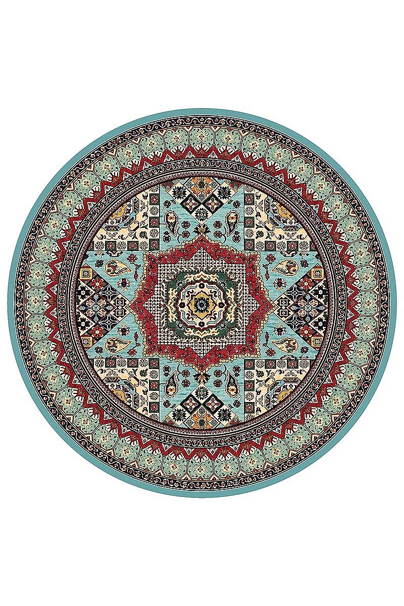 Anatolia Turkuaz Kilim Desenli Dokuma Pamuk Tabanlı Dijital Baskılı Yuvarlak Halı - 2
