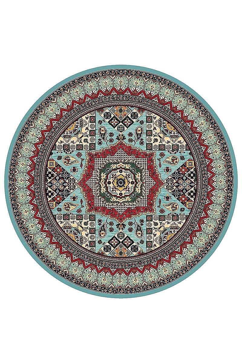 Anatolia Turkuaz Kilim Desenli Dokuma Pamuk Tabanlı Dijital Baskılı Yuvarlak Halı - 2