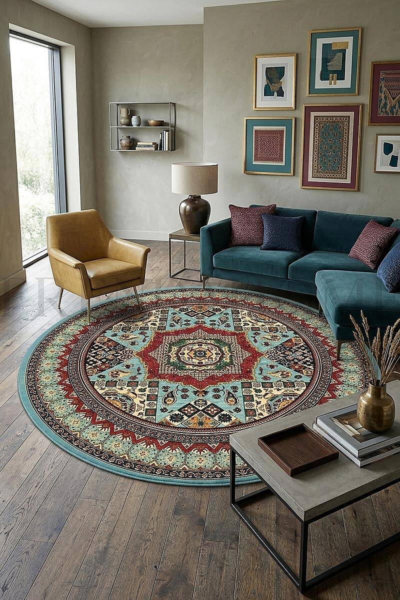 Anatolia Turkuaz Kilim Desenli Dokuma Pamuk Tabanlı Dijital Baskılı Yuvarlak Halı - 1