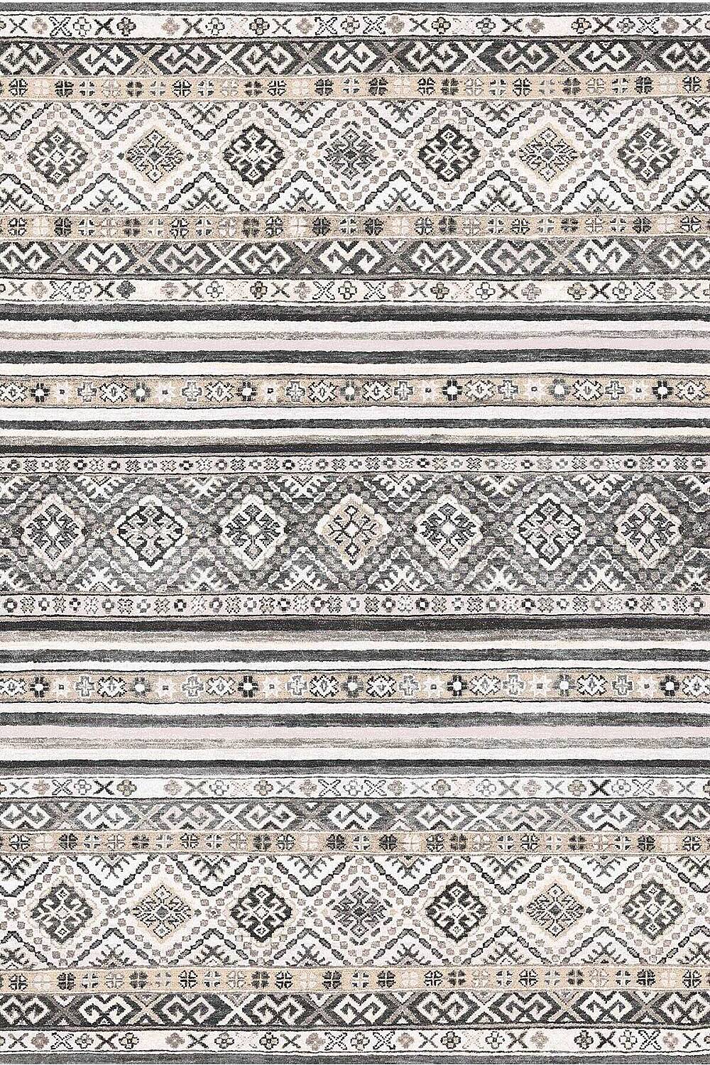Etnik Kilim Desenli Pamuk Taban Yıkanabilir Baskılı Dekoratif Halı Gri - 2