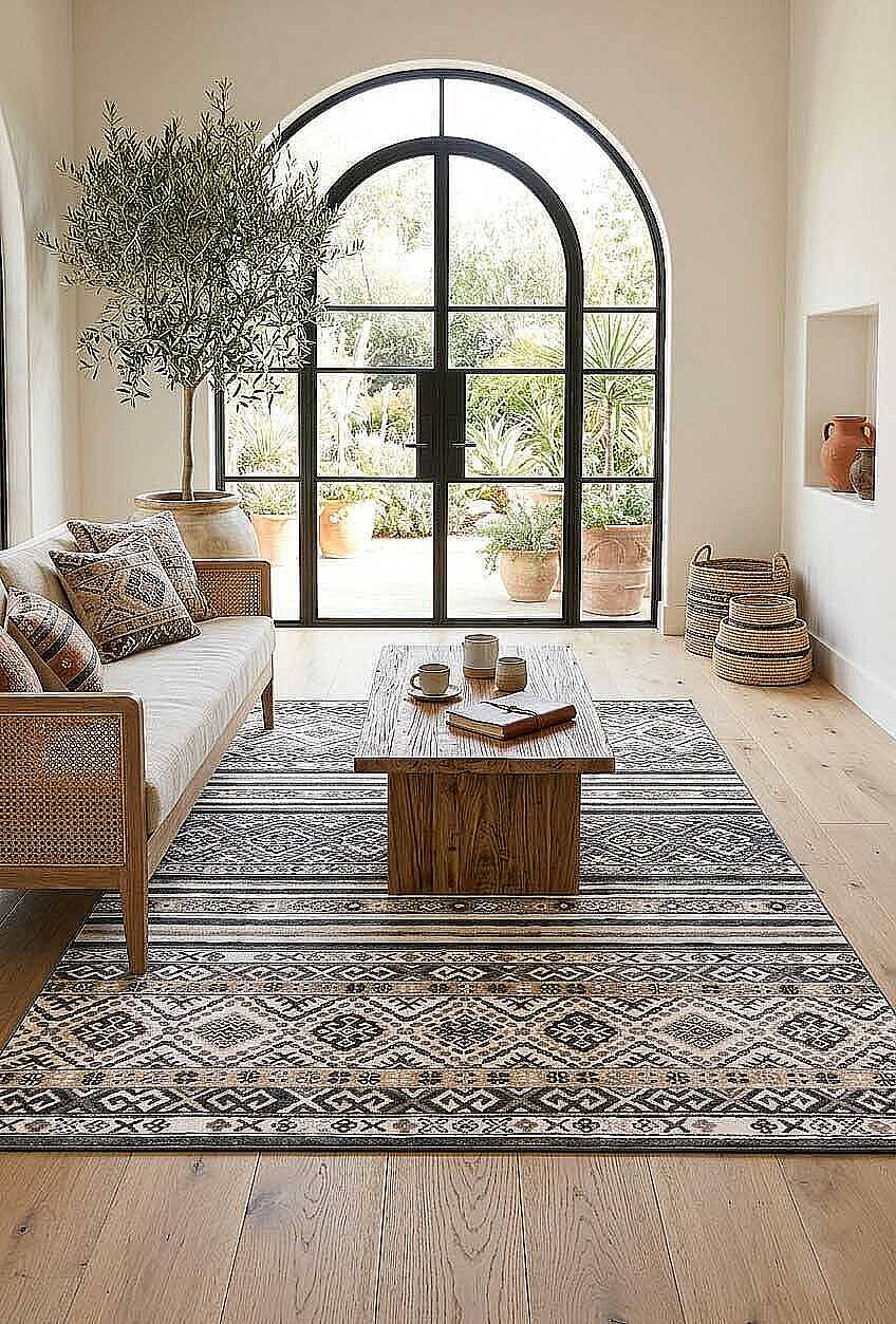 Etnik Kilim Desenli Pamuk Taban Yıkanabilir Baskılı Dekoratif Halı Gri - 1