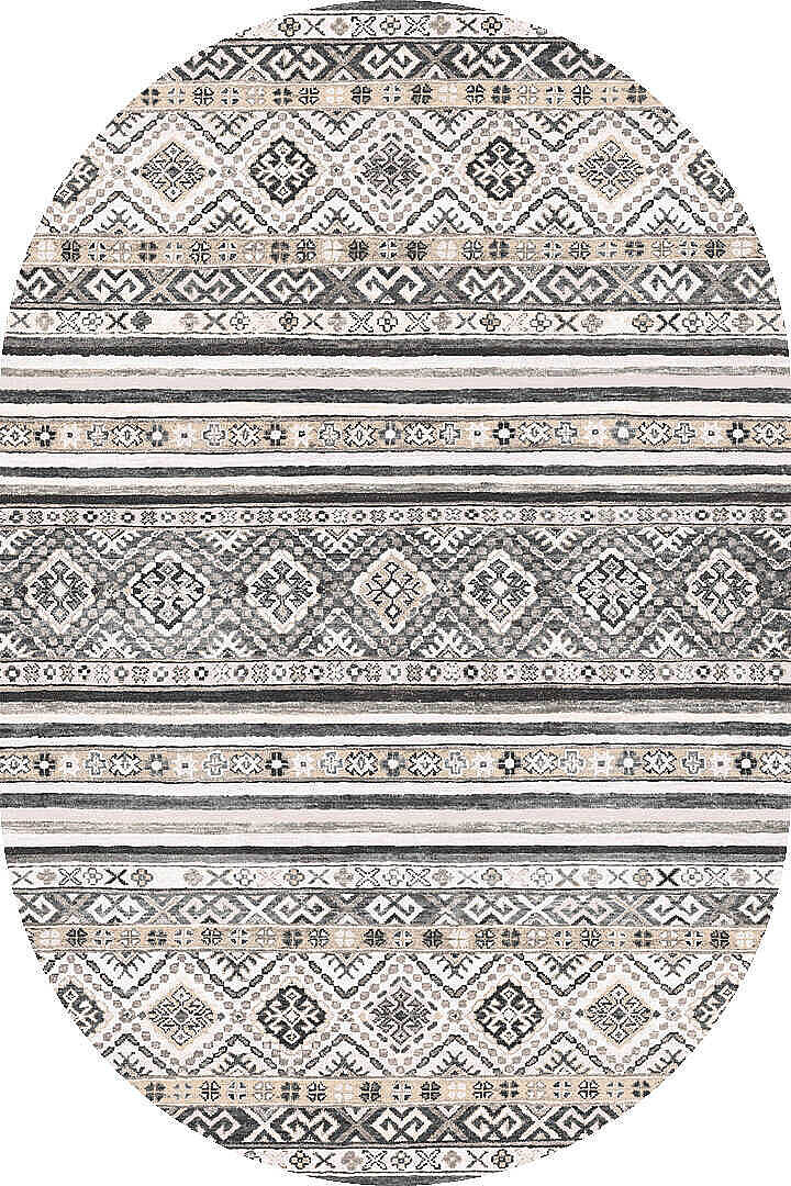 Etnik Kilim Desenli Pamuk Taban Yıkanabilir Baskılı Dekoratif Oval Halı Gri - 2