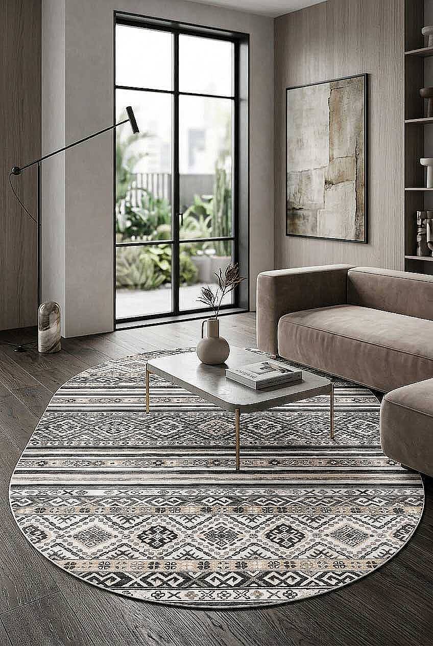 Etnik Kilim Desenli Pamuk Taban Yıkanabilir Baskılı Dekoratif Oval Halı Gri - 1