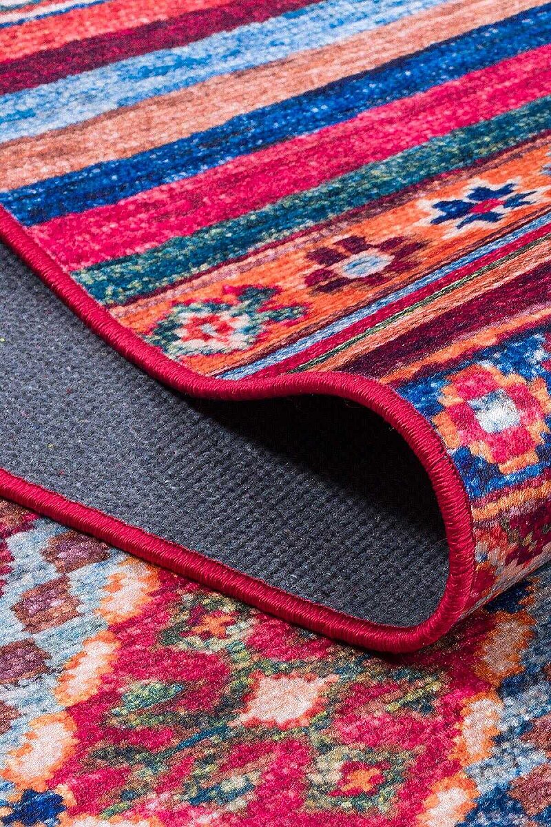 Etnik Kilim Desenli Pamuk Taban Yıkanabilir Baskılı Dekoratif Oval Halı Kırmızı - 4