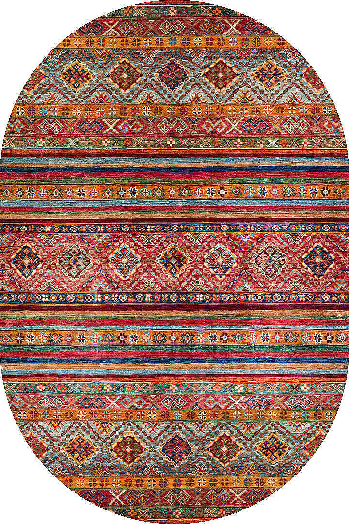 Etnik Kilim Desenli Pamuk Taban Yıkanabilir Baskılı Dekoratif Oval Halı Kırmızı - 2