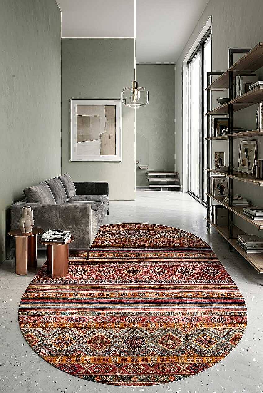 Etnik Kilim Desenli Pamuk Taban Yıkanabilir Baskılı Dekoratif Oval Halı Kırmızı - 1
