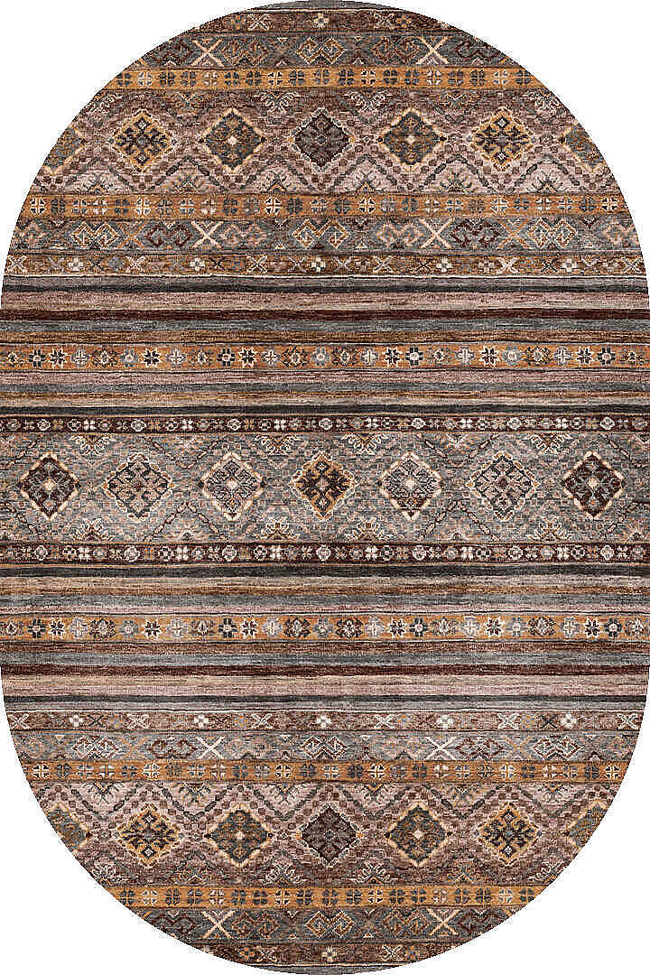 Etnik Kilim Desenli Pamuk Taban Yıkanabilir Baskılı Dekoratif Oval Halı Vizon - 2