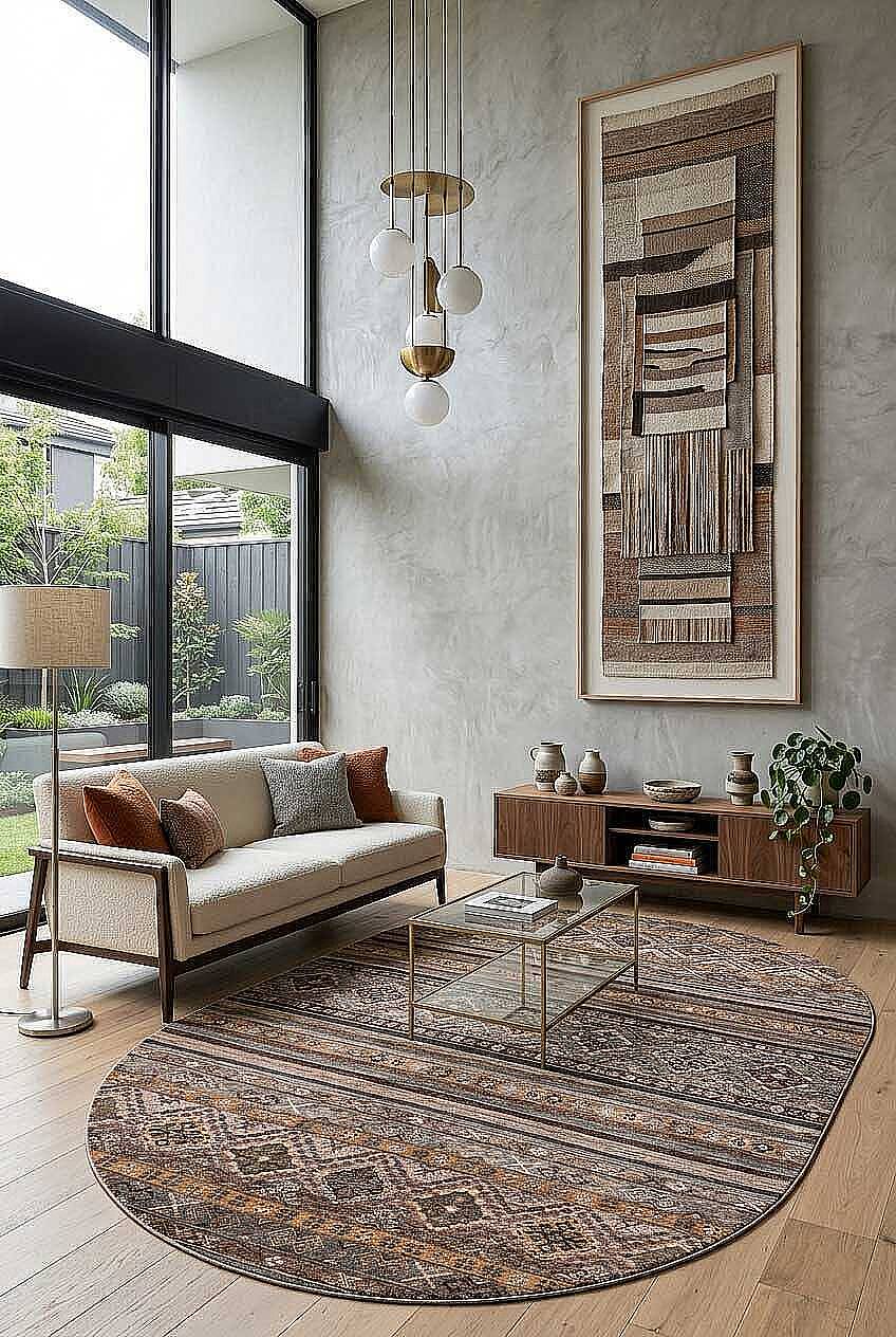 Etnik Kilim Desenli Pamuk Taban Yıkanabilir Baskılı Dekoratif Oval Halı Vizon - 1