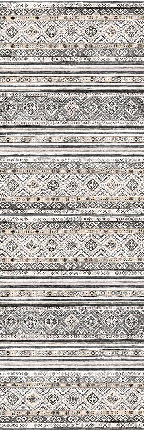 Etnik Kilim Desenli Pamuk Taban Yıkanabilir Baskılı Dekoratif Yolluk Halı Gri - 2