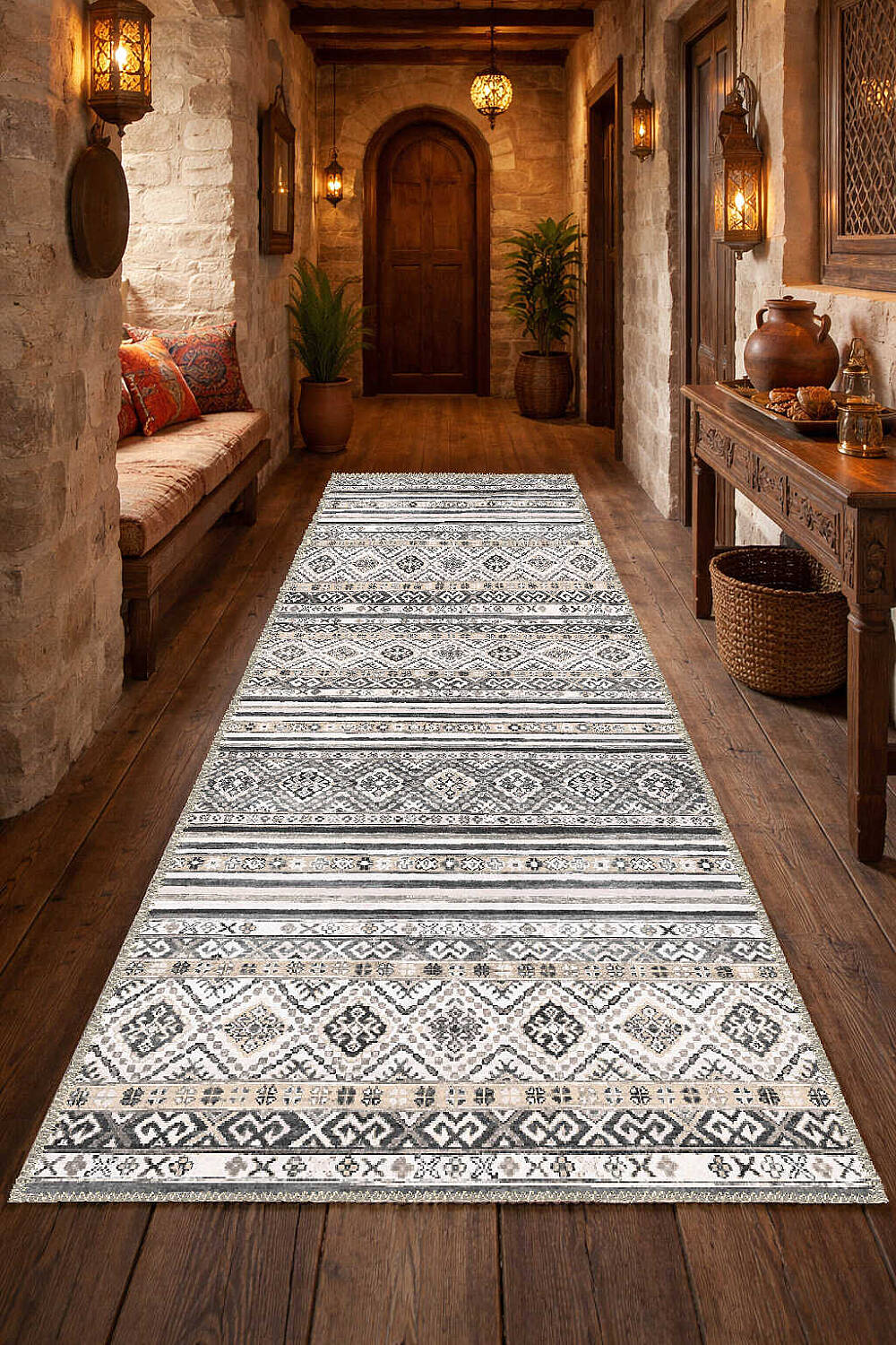 Etnik Kilim Desenli Pamuk Taban Yıkanabilir Baskılı Dekoratif Yolluk Halı Gri - 1