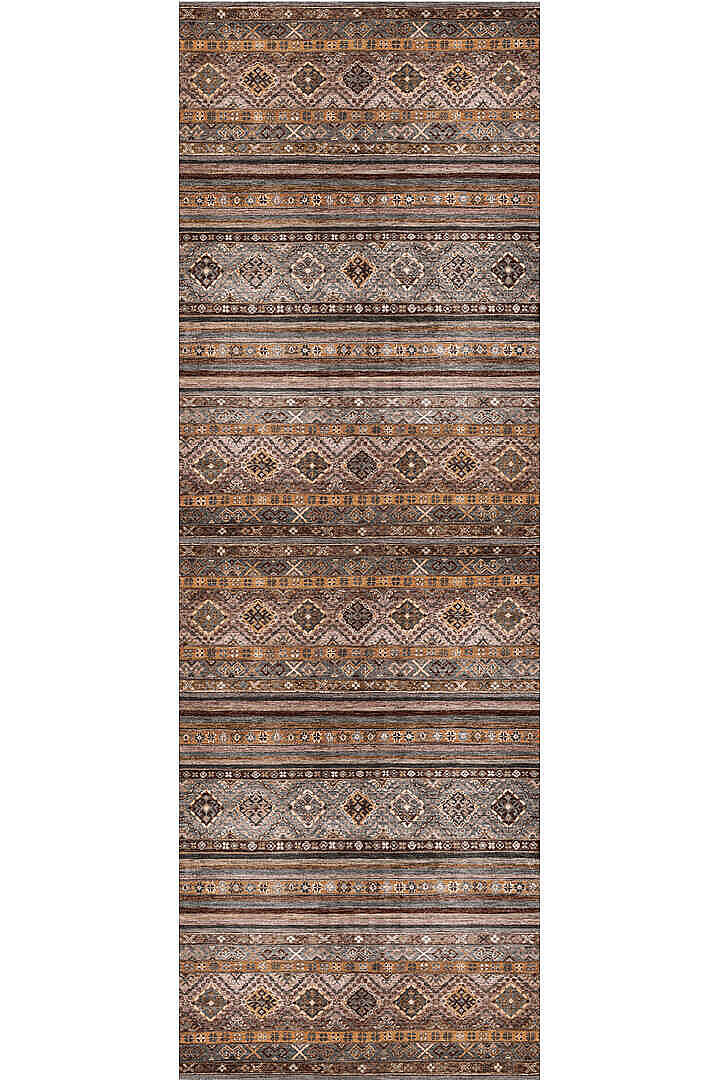Etnik Kilim Desenli Pamuk Taban Yıkanabilir Baskılı Dekoratif Yolluk Halı Vizon - 2