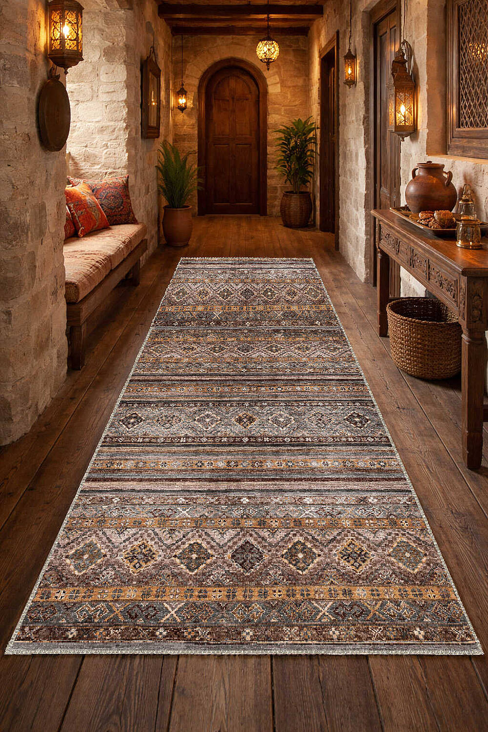 Etnik Kilim Desenli Pamuk Taban Yıkanabilir Baskılı Dekoratif Yolluk Halı Vizon - 1