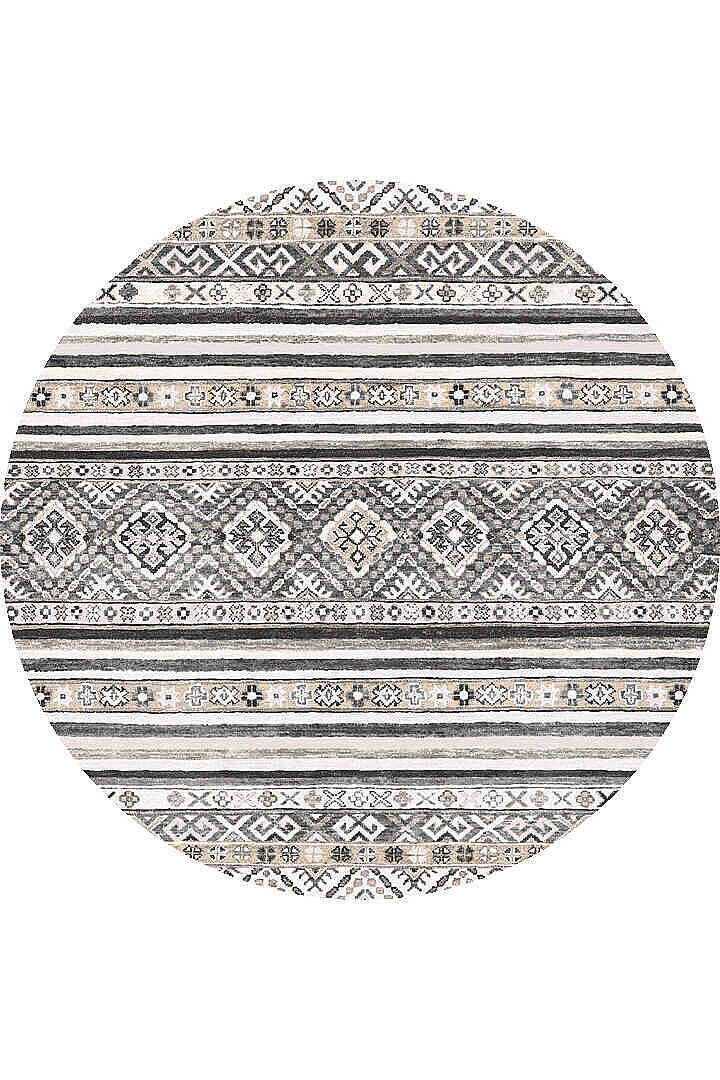 Etnik Kilim Desenli Pamuk Taban Yıkanabilir Baskılı Dekoratif Yuvarlak Halı Gri - 2