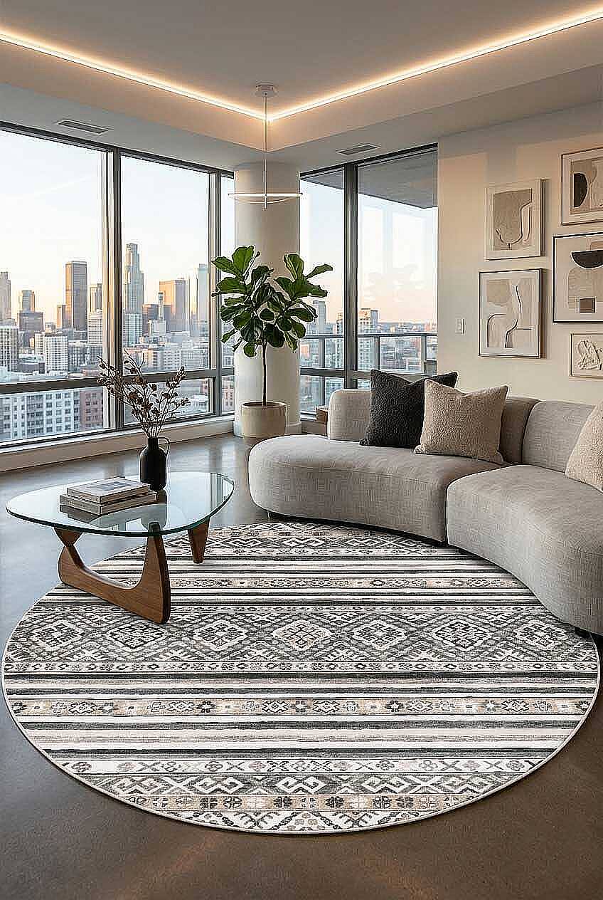 Etnik Kilim Desenli Pamuk Taban Yıkanabilir Baskılı Dekoratif Yuvarlak Halı Gri - 1