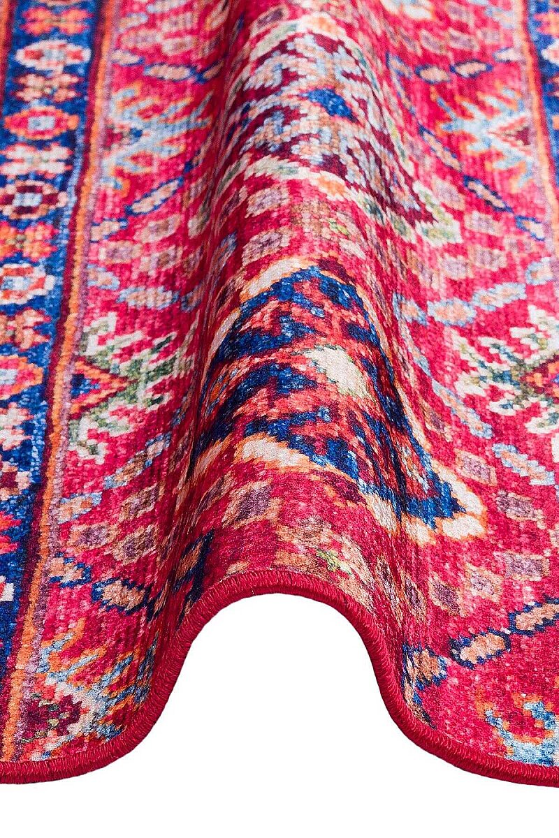Etnik Kilim Desenli Pamuk Taban Yıkanabilir Baskılı Dekoratif Yuvarlak Halı Kırmızı - 3