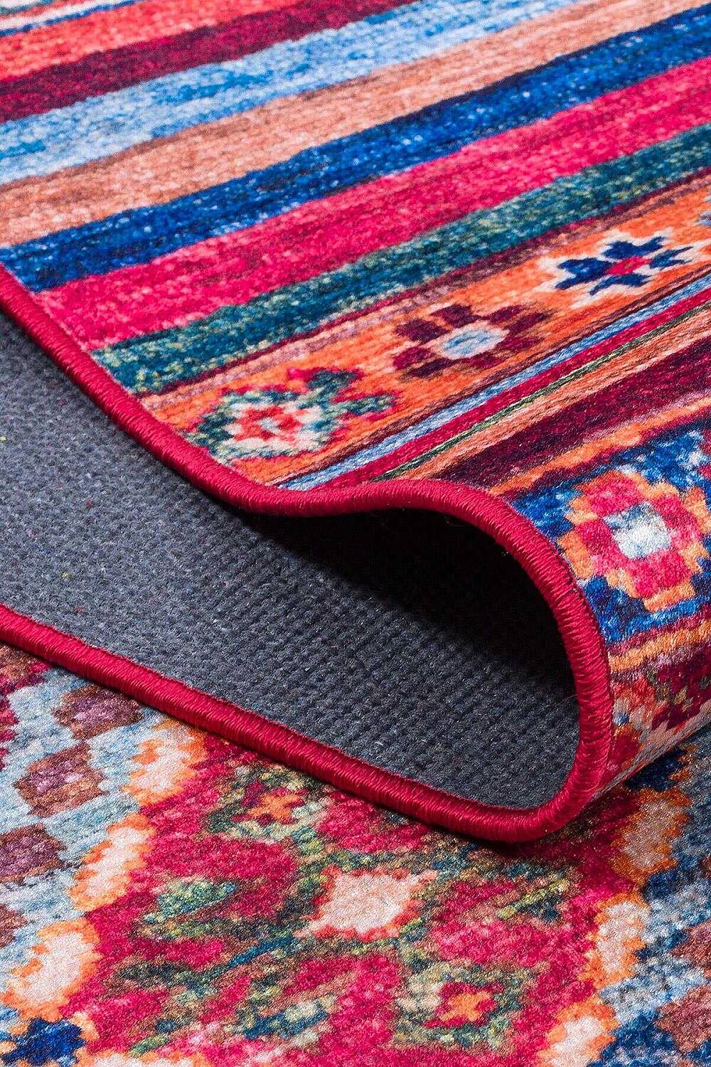 Etnik Kilim Desenli Pamuk Taban Yıkanabilir Baskılı Dekoratif Yuvarlak Halı Kırmızı - 4