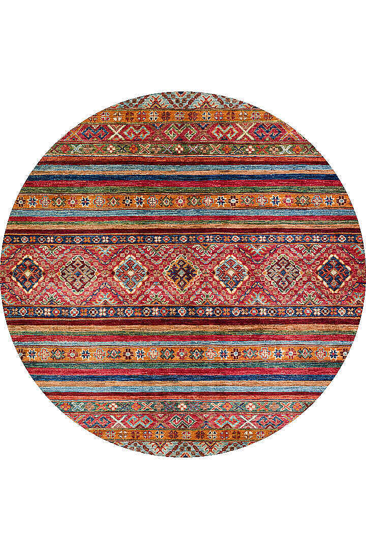 Etnik Kilim Desenli Pamuk Taban Yıkanabilir Baskılı Dekoratif Yuvarlak Halı Kırmızı - 2
