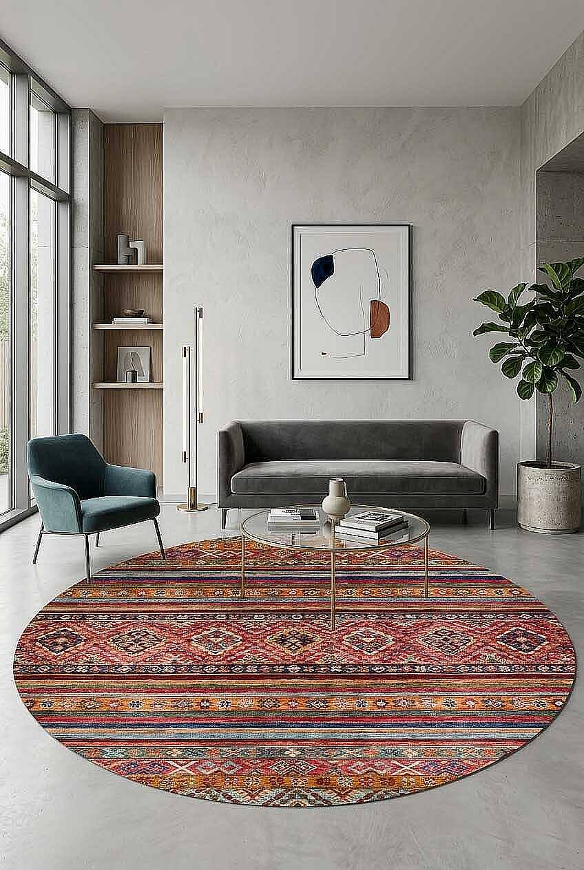 Etnik Kilim Desenli Pamuk Taban Yıkanabilir Baskılı Dekoratif Yuvarlak Halı Kırmızı - 1
