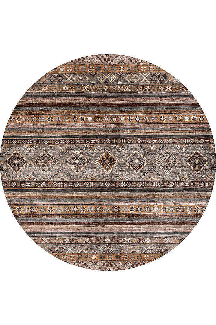 Etnik Kilim Desenli Pamuk Taban Yıkanabilir Baskılı Dekoratif Yuvarlak Halı Vizon - 2