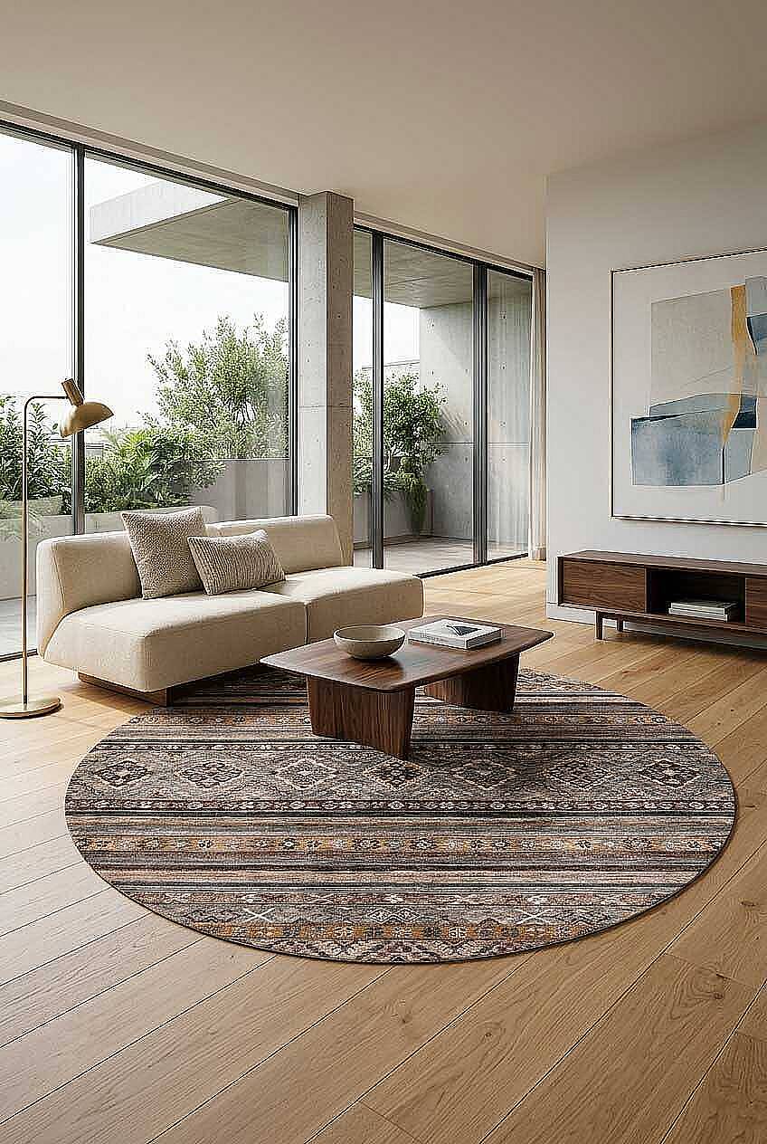 Etnik Kilim Desenli Pamuk Taban Yıkanabilir Baskılı Dekoratif Yuvarlak Halı Vizon - 1