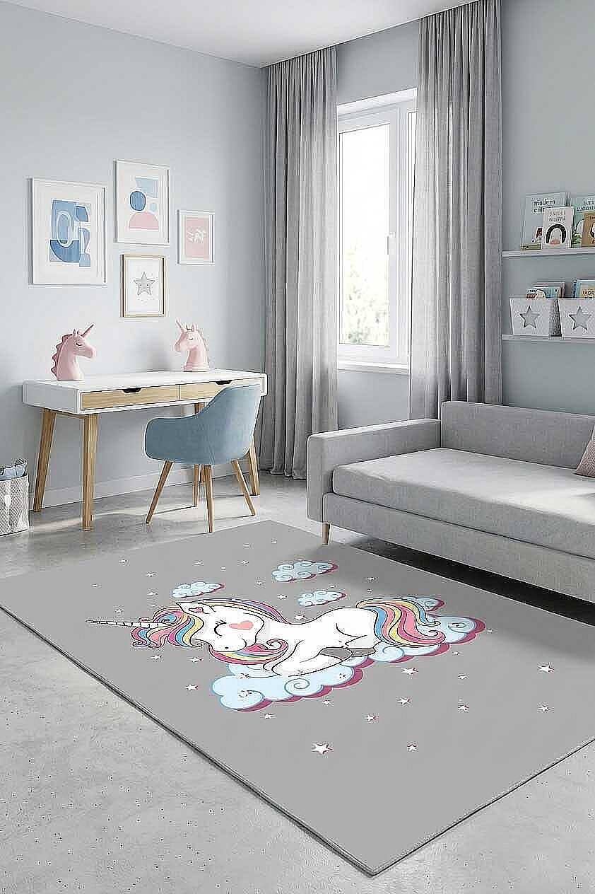 Frenda Home Unıcorn Pamuk Taban Dekoratif Baskılı Çocuk Odası Halısı Gri - 1
