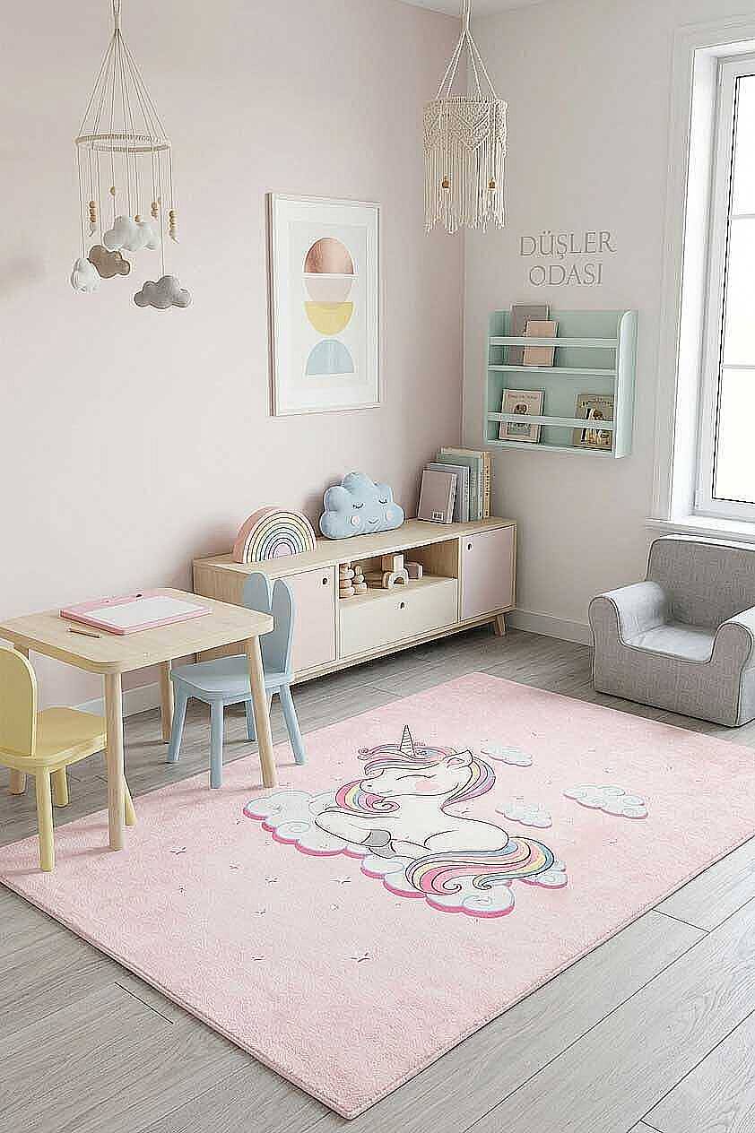 Frenda Home Unıcorn Pamuk Taban Dekoratif Baskılı Çocuk Odası Halısı Pembe - 1