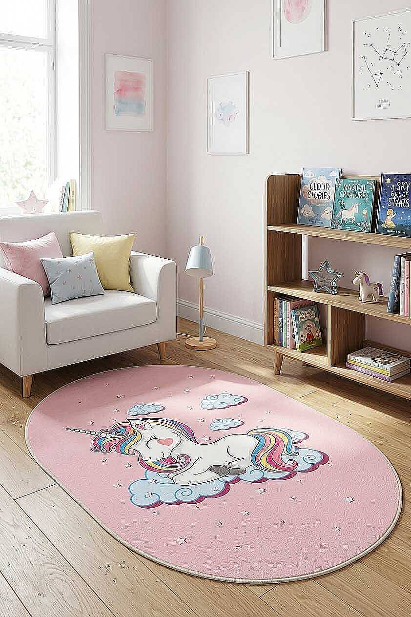 Frenda Home Unıcorn Pamuk Taban Dekoratif Baskılı Çocuk Odası Oval Halı Pembe - 1