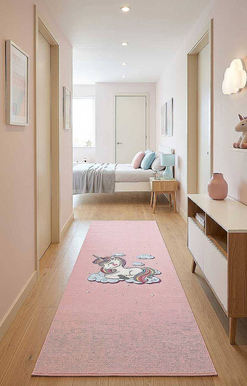 Frenda Home Unıcorn Pamuk Taban Dekoratif Baskılı Özel Ölçü Çocuk Odası Yolluk Halı Pembe - 1
