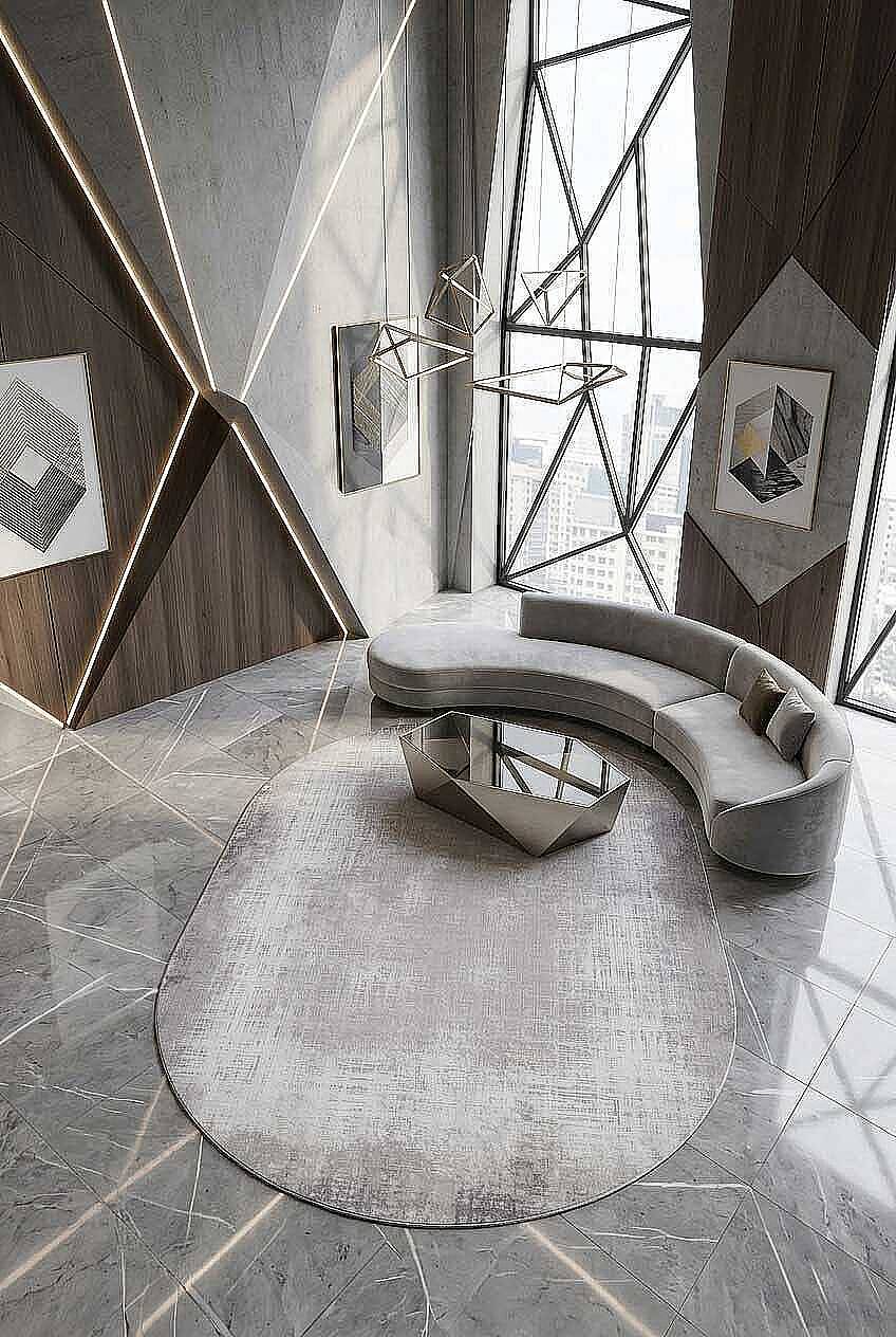 Geometrik Abstract Desenli Prato İpeksi Lüks Viskon Oval Halı Pr06 Gri - 1