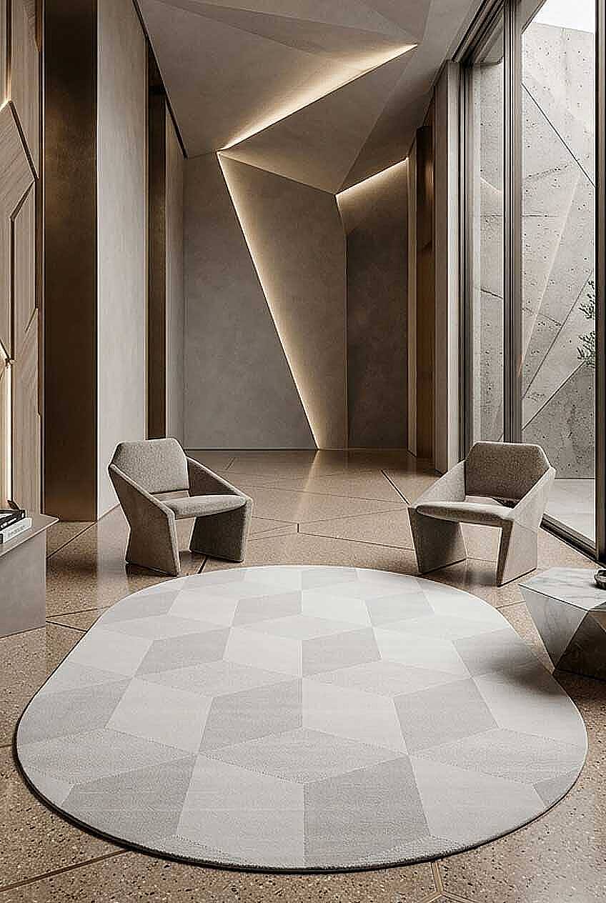 Geometrik Küp Desenli Prato İpeksi Lüks Viskon Oval Halı Pr02 Gri - 1