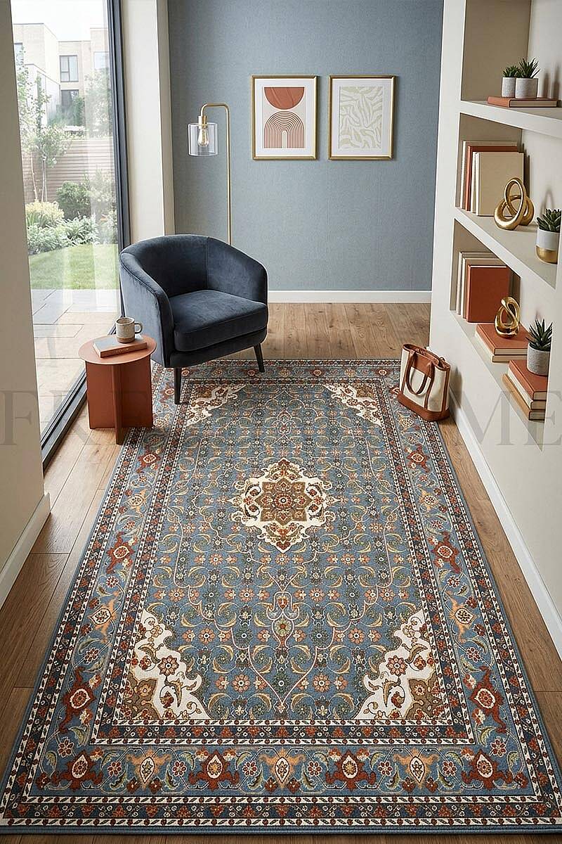 İsfahan Mavi Desenli Dijital Baskılı Pamuk Tabanlı Dekoratif Halı - 1