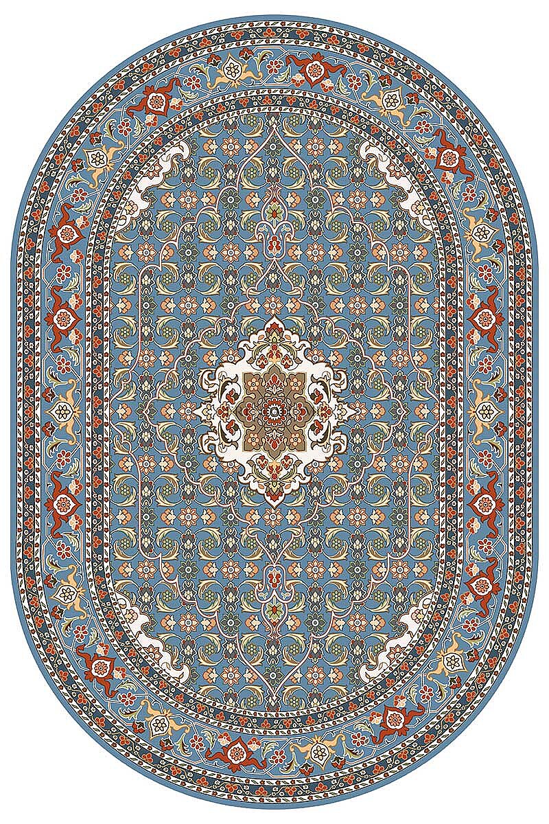 İsfahan Mavi Desenli Oval Dijital Baskılı Pamuk Tabanlı Dekoratif Halı - Frenda (1)