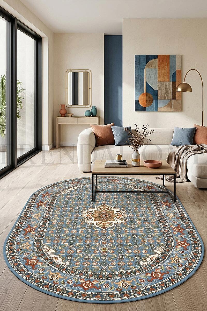 İsfahan Mavi Desenli Oval Dijital Baskılı Pamuk Tabanlı Dekoratif Halı - Frenda