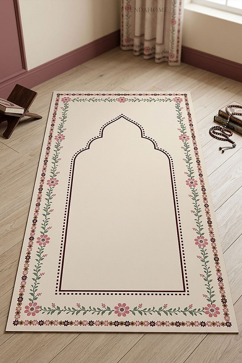 İslami Motifli Dekoratif Pamuk Tabanlı Namaz Seccadesi - Frenda