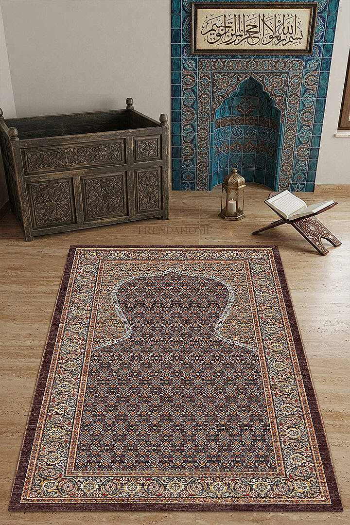 Kehribar Motifli Dekoratif Pamuk Tabanlı Namaz Seccadesi - Frenda