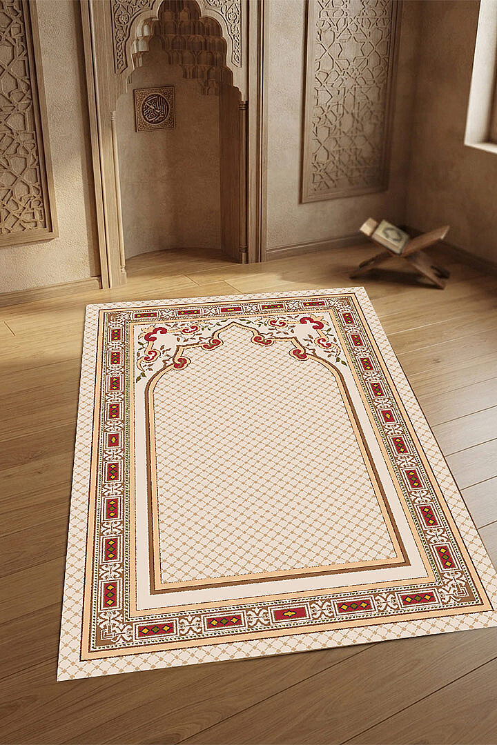Mihrap Motifli Dekoratif Pamuk Tabanlı Namaz Seccadesi 
