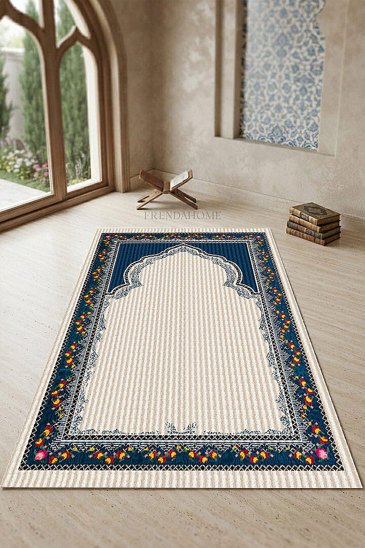 Nergis Motifli Dekoratif Pamuk Tabanlı Namaz Seccadesi - Frenda