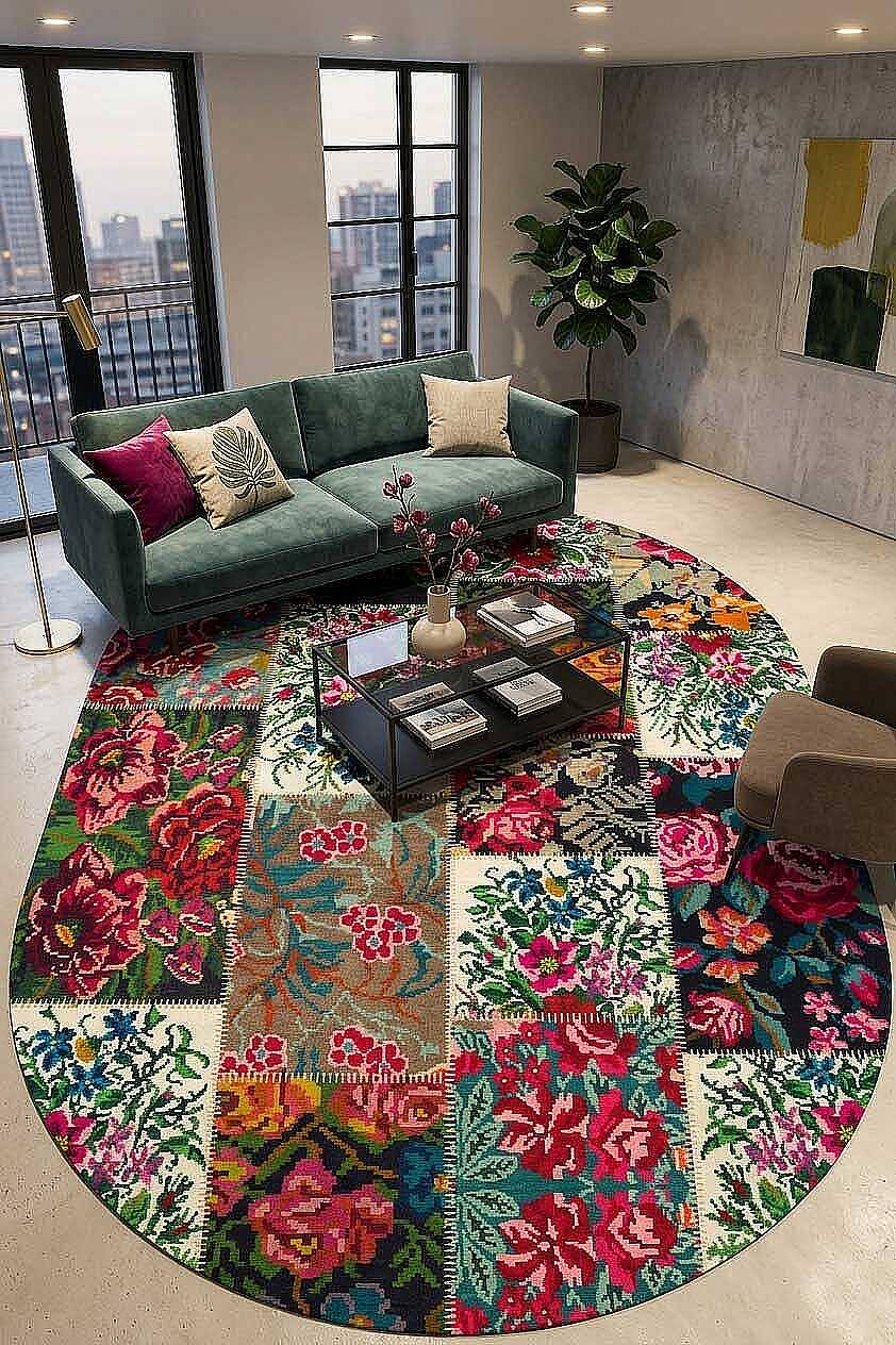 Patchwork Desen Dokuma Pamuk Taban Dijital Dekoratif Oval Halı Beyaz - 1