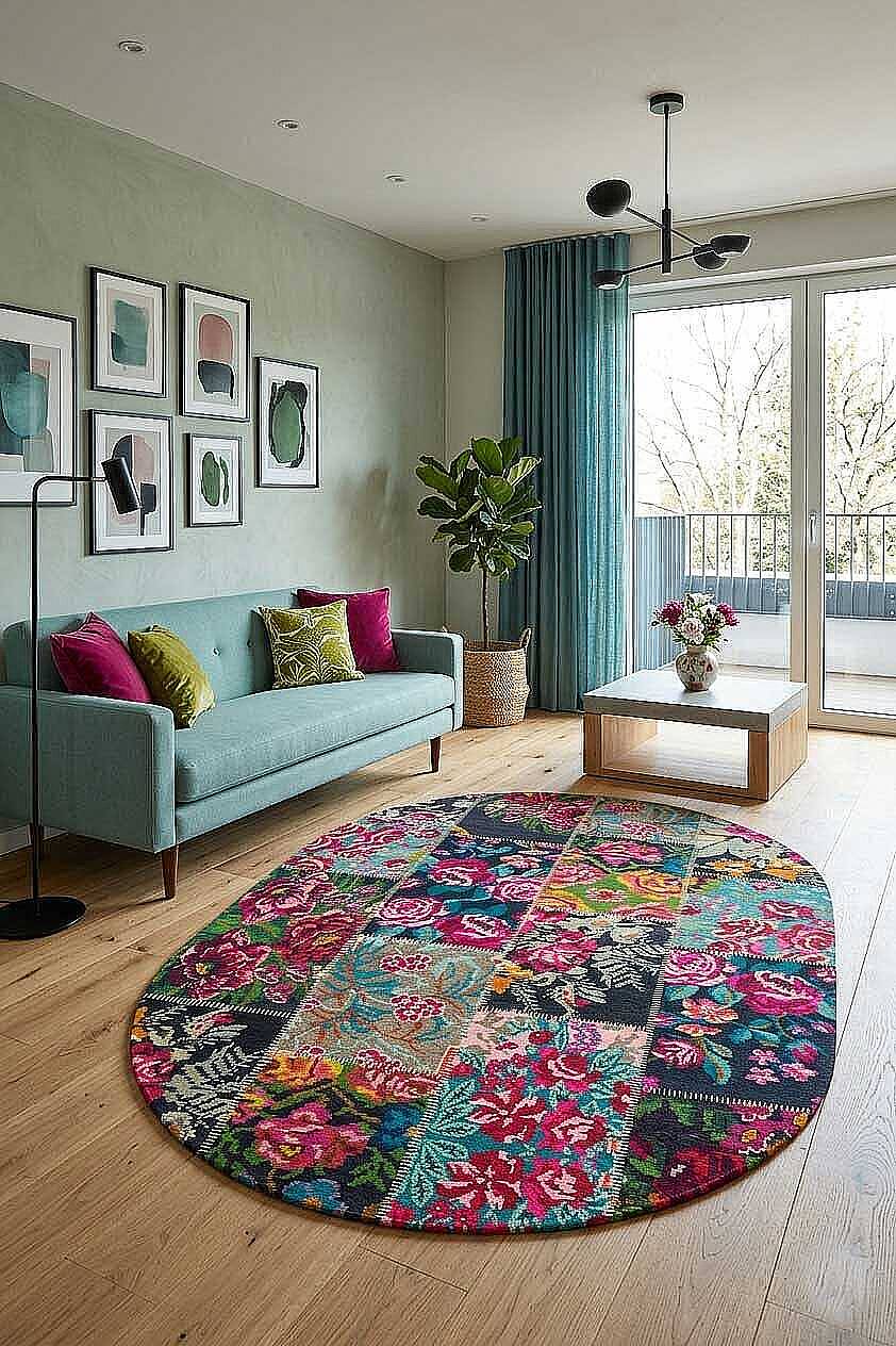 Patchwork Desen Dokuma Pamuk Taban Dijital Dekoratif Oval Halı Kırmızı - 1