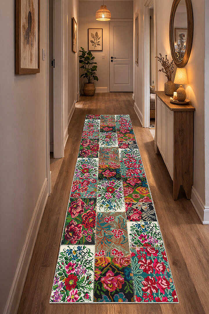 Patchwork Desen Dokuma Pamuk Taban Dijital Dekoratif Yolluk Kesme Halı Beyaz - 1