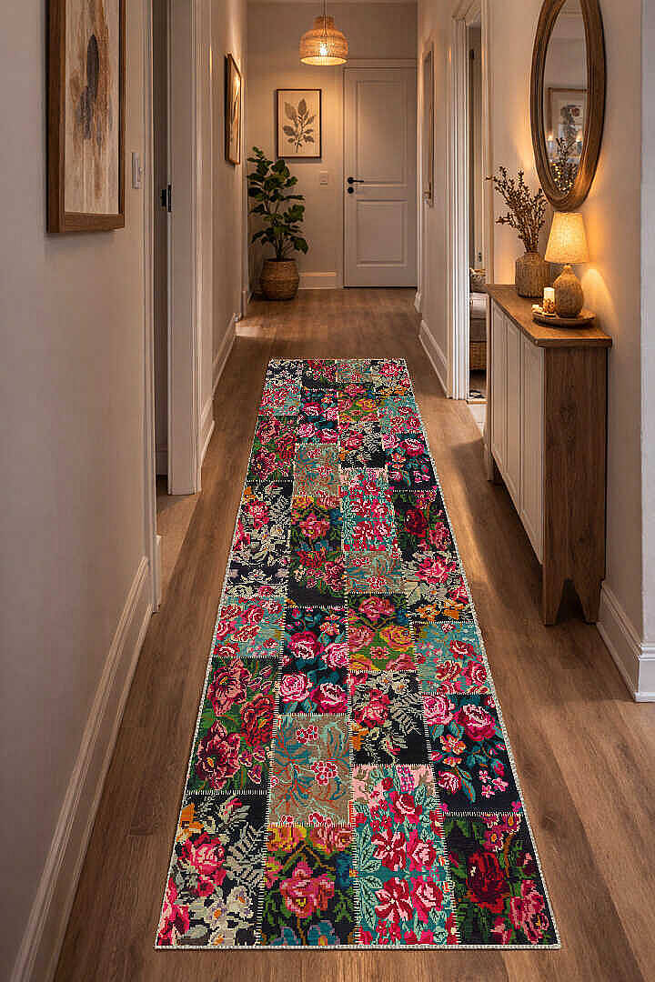 Patchwork Desen Dokuma Pamuk Taban Dijital Dekoratif Yolluk Kesme Halı Kırmızı - 1
