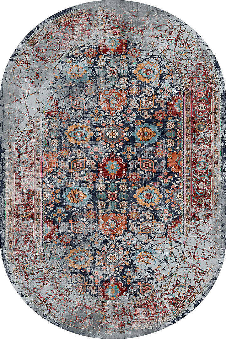 Vintage Desen Pamuk Taban Dijital Baskılı Yıkanabilir Oval Halı Gri - 2