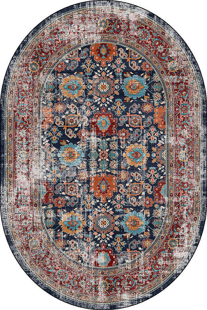 Vintage Desen Pamuk Taban Dijital Baskılı Yıkanabilir Oval Halı Lacivert - 2