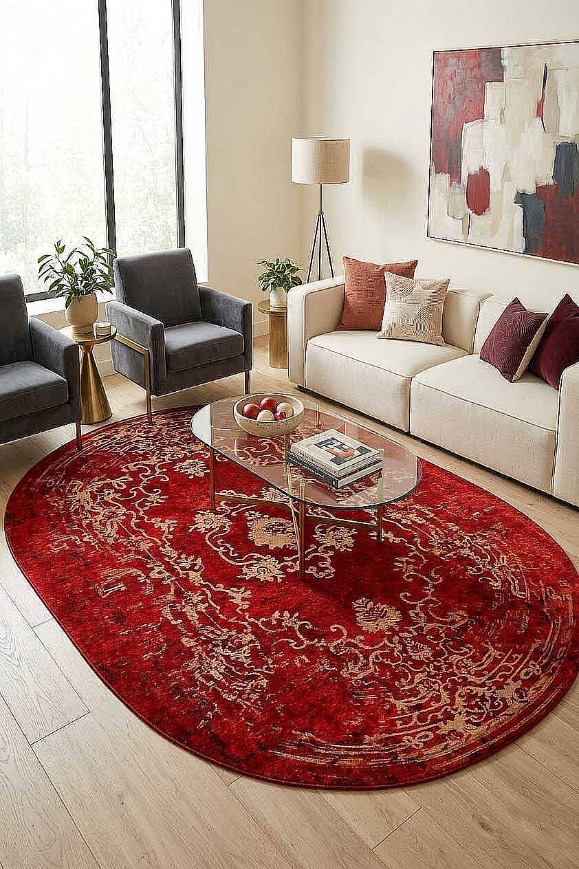 Vintage Desenli Yıkanabilir Pamuk Taban Dekoratif Oval Halı Kırmızı - 1